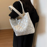 UAKISS  -  Padded Shoulder Bags For Women Diamond Pattern Golden Nylon Fabric Soft Tote Bag 2023 Winter Warm Large Capacity Shoppers