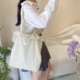 UAKISS  -  1 Piece Women Girl Chic Shoulder Bag Korean Fashion Black Dot Beige Color Ruffle Tote Bag Simplicity High Capacity Canvas Bag