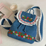 UAKISS  -  Denim Strawberry Flower Lace Backpack Casual Schoolbag Handbag Student Leisure Travel Commuter Backpack