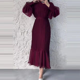 UAKISS  -  New Spring Autumn Women's Long Pleated Party Dress 2024 Female Commuting O Neck Office Dresses Elegant Casual Evening Maxi Dress