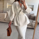 UAKISS  -  Ladies Fashion V-Neck Puff Sleeve Tops&Bag Hip Skirts Suit Women Chic Solid Color Banquet Outfit Elegant High Street Dresses Set