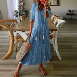 UAKISS  -  Boho Loosen V Neck Tassel Long Dress 2024 Spring Floral Print Pleated Party Maxi Dress Women Embroidery Lace Sleeve Summer Dress