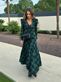 UAKISS  -  Woman Elegant Long Sleeves V Neck Maxi Dress Fashion Plaid Green High Waist Lady Dresses New Fall Commuter Street Vestidos