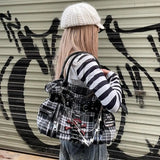 UAKISS  -  Plaid Y2k Womens Shoulder Bag Canvas Punk Chains Fashion Tote Bag Aesthetic Harajuku Style Casual Commuter Female Handbag