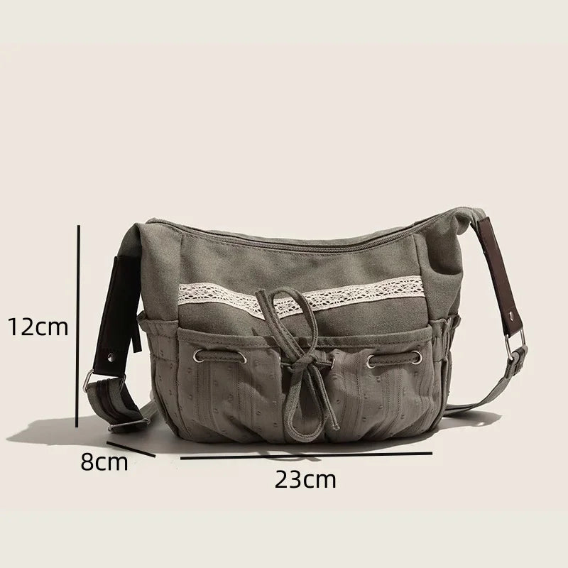 Uakiss Women Canvas Korean Shoulder Bags Lace Bows Casual Square Handbags High Capacity Student Messenger Bags Big Pockets Harajuku Bag