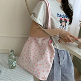 UAKISS  -  Pink Floral Canvas Shoulder Bag Handbag Korean Travel Beach Bag Double-sided Shopping Totes Bag Girl Lace Underarm Bag