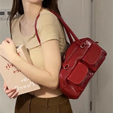 UAKISS  - Vintage Womens Handbag Red 2024 New Fashion Daily Large Capacity Shoulder Bag Leather Commuter Advanced Ladies Armpit Bag