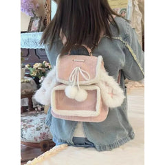 Uakiss Pink Small Backpacks for Women Rabbit Ears Cute Corduroy Lolita Jk Ita Bag Transparent Plush Kawaii Female Aesthetic Bags