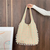 UAKISS  -  Literary Fresh Plaid Canvas Tote Shoulder Bag Reusable Shopping Bags Women 2024 Handbag Cute Fur Ball Portable Book Pack