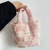 UAKISS  -  Women Fashion Checkered Furry Bucket Bag Winter Handbag Soft Plush Tote Bags