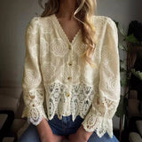 UAKISS  -  Temperament 2024 Chiffon V-neck Blouse Blusa New Spring Floral Embroidery Long Sleeve Cardigan Women Causal Lace Stitching Tops