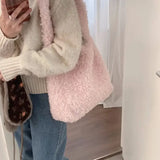 UAKISS  -  Y2k Fluffy Shoulder Bag Korean Fashion Cute Winter Tote Bags Large Capacity Designer Furry Underarm Bucket Handbag Solid Color