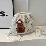 UAKISS  -  All Match Cartoon Bear Sweet Fluffy Backpack Y2k Aesthetic Vintage Star Backpacks Women Students Drawstring Kawaii Schoolbags