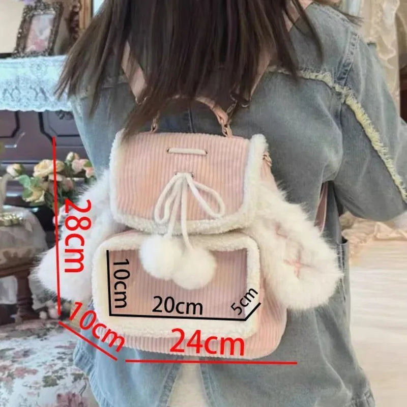 Uakiss Corduroy Kawaii Pink Pain Backpacks Rabbit Ears Spliced Japanese Ita Bag Transparent Pocket Lolita Plush Backpack Y2k Girls Bags