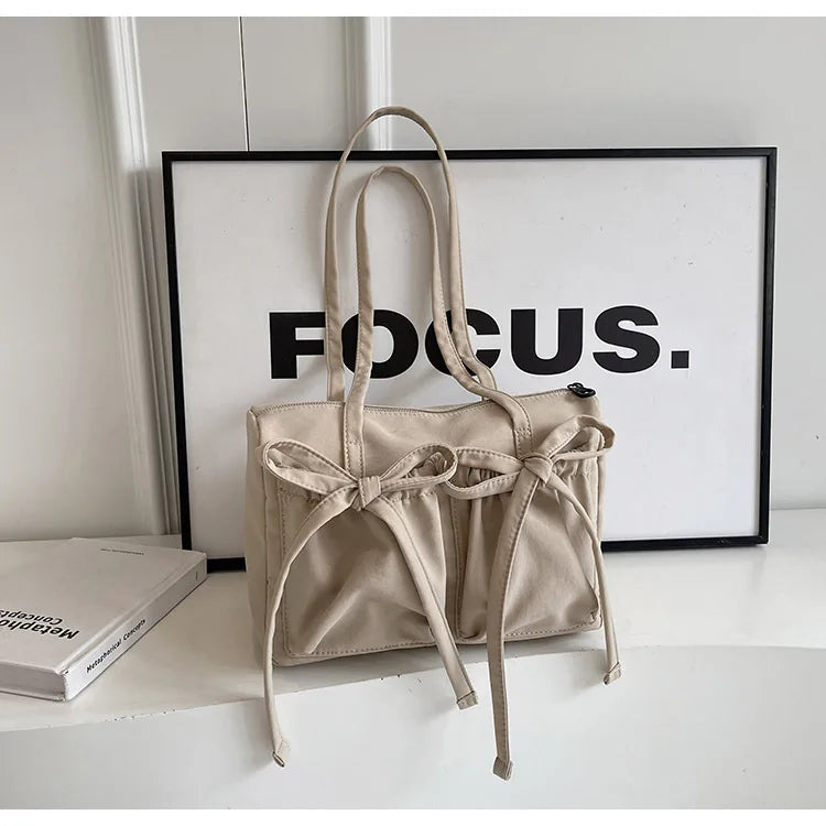 Uakiss New Bow Tote Bag High End High Capacity Shoulder Bag Women's Simple Solid Color Commuting Underarm Bag