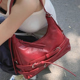 UAKISS  -  Y2k Vintage Shoulder Bag for Women Gothic Red Fashion New in Handbag Casual Leather Designer Motorcycle Female Armpit Bag