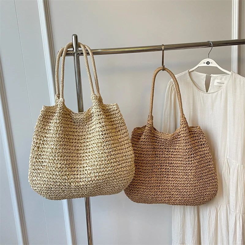 UAKISS  -  Big Straw Underarm Bags for Women 2024 Simple Korean Fashion Summer Shoulder Bags Lady Travel Handbags Female Weave Beach Bag