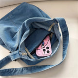 UAKISS  - Washed Denim Women School Messenger Bags Solid Crossbody Large Capacity Handbags Simple New Female Shoulder Bags Casual Tote