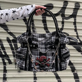 UAKISS  -  Plaid Y2k Womens Shoulder Bag Canvas Punk Chains Fashion Tote Bag Aesthetic Harajuku Style Casual Commuter Female Handbag