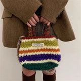 UAKISS  -  Women Chunky Wool Hand Knitting Handbag Rainbow Stripes Tote Weaving Shopping Bag Fashion Large Capacity Crossbody Shoulder Bag