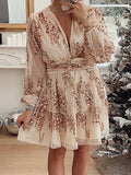 UAKISS  -  Women Deep V-Neck Loose Party Dress, Spring Summer Loungewear Long Lantern Sleeve Mini Dress, New Sequins Patchwork Ladies Dress