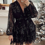 UAKISS  -  Women Deep V-Neck Loose Party Dress, Spring Summer Loungewear Long Lantern Sleeve Mini Dress, New Sequins Patchwork Ladies Dress