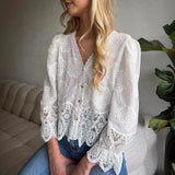 UAKISS  -  Temperament 2024 Chiffon V-neck Blouse Blusa New Spring Floral Embroidery Long Sleeve Cardigan Women Causal Lace Stitching Tops