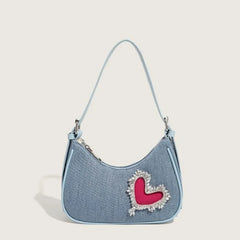 UAKISS  -  Retro Denim Y2k Bags Purse Women Harajukuu Heart Rhinestone Zipper Casual Shoulder Bags Ladies Vintage Trendy Handbag