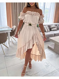 UAKISS  -  Summer Trend Off Shoulder Dress Women Elegant Solid Ruffle Frill Hem Asymmetrical Maxi Dresses for Womans Luxury Design Clothing