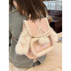 Uakiss Pink Small Backpacks for Women Rabbit Ears Cute Corduroy Lolita Jk Ita Bag Transparent Plush Kawaii Female Aesthetic Bags