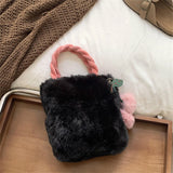 UAKISS  -  Winter Fluffy Small Square Shopping Bag 2024 New Ladies Faux Rabbit Handbag  Plush Cherry Trinket Shoulder Bags Chain Crossbody