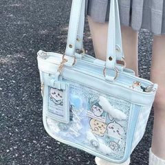 Uakiss Transparent Pockets Japanese Ita Handbags Plaid Print JK Shoulder Bag Bow Harajuku Kawaii Bag High-capacity Lolita Girl Tote Bag