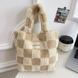 UAKISS  -  Women Fashion Checkered Furry Bucket Bag Winter Handbag Soft Plush Tote Bags