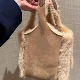 UAKISS  -  Winter Tote Bag for Women Plush Bucket Bags Luxury Design Faux Fur Handbags Lamb Wool Shoulder Bag Fluffy Top Handle Bag Purse