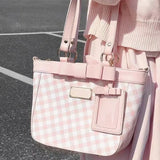 Uakiss Transparent Pockets Japanese Ita Handbags Plaid Print JK Shoulder Bag Bow Harajuku Kawaii Bag High-capacity Lolita Girl Tote Bag