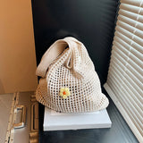 UAKISS  -  Knitted Hollow Shoulder Bag Underarm Bag Large Capacity Flower Crochet Bag Shopping Totes Casual Beach Bag Commuting Bag