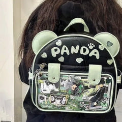 Uakiss Cute Panda Y2k Lolita Backpacks Girls Transparent Pocket Harajuku Pain Bags PU JK Preppy Style Backpack Kawaii Ita Bag For Women