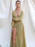 UAKISS  -  Elegant Loose Cotton Linen Long Dress Deep V-Neck Lantern Sleeve Split Midi Dress  Casual Vacation Beach Slit Lady Vestidos