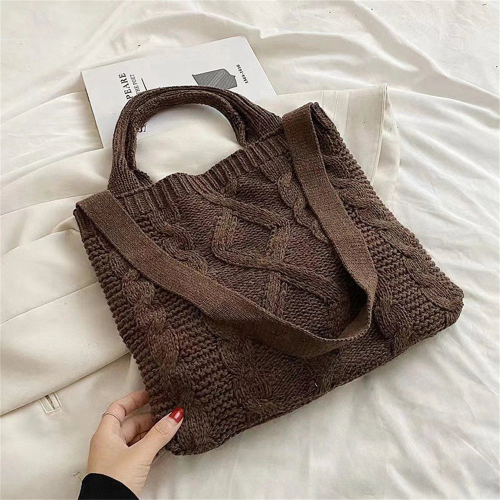 UAKISS  -  Handmade Chunky Crochet Handheld Tote Bag Retro Winter Weaving Literary Knitting Handbag Fashion Phone Shopping Shoulder Bags