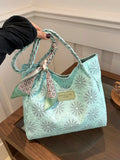 UAKISS  -  Women's Fashionable Commuter Tote Bag, Large Capacity Printed Green Shoulder Bag, Flower Pattern Women Handbag With Silk Scarf