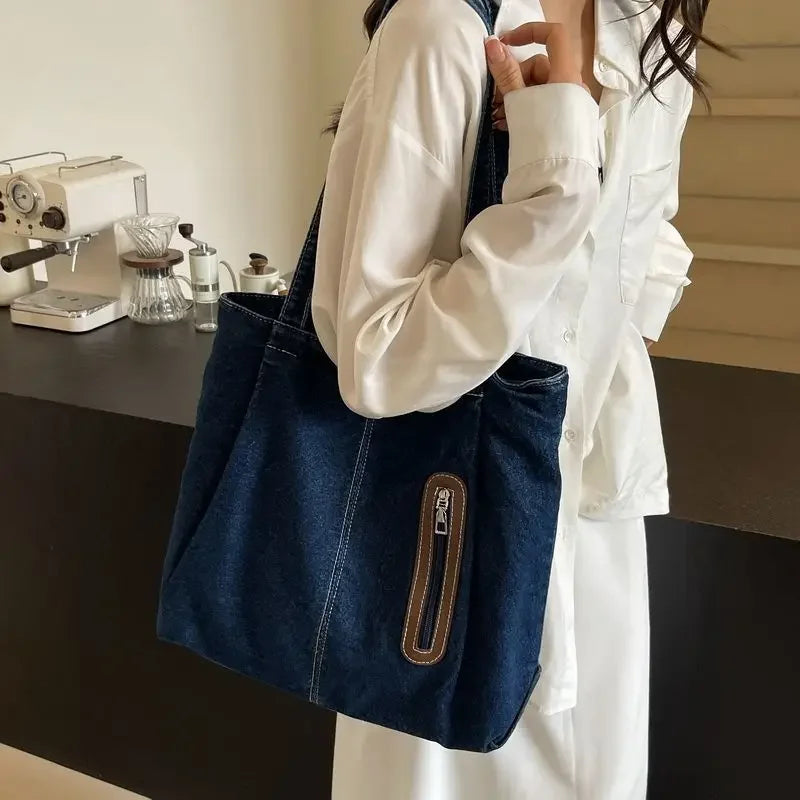 UAKISS  -  Large Capacity Denim Single Shoulder Bag 2024 New Fashion Versatile Tote Retro Commuting Casual Bags