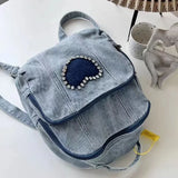 UAKISS  -  Korean 2024 Vintage Heart Rhinestone Mini Denim Girl Backpacks Y2k Leisure Fashion Women's Backpacks Trendy Travel Backpack Ins