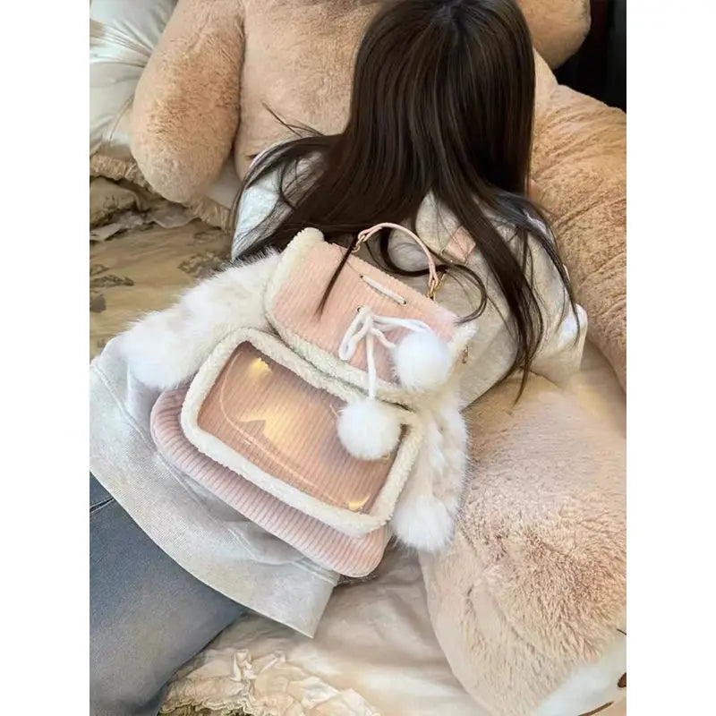 Uakiss Pink Small Backpacks for Women Rabbit Ears Cute Corduroy Lolita Jk Ita Bag Transparent Plush Kawaii Female Aesthetic Bags