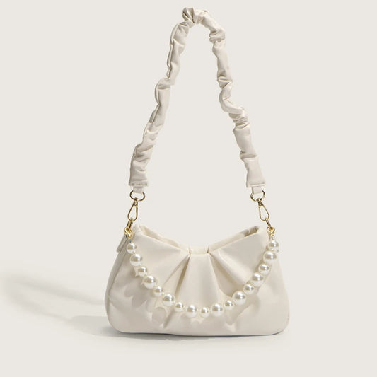 UAKISS  - Niche Korean Luxury Elegant Pearl Beading Shoulder Bag Fashion Popular Pleated Design Leisure Underarm Pack Zippwer Design Bag