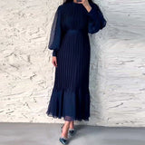 UAKISS  -  New Spring Autumn Women's Long Pleated Party Dress 2024 Female Commuting O Neck Office Dresses Elegant Casual Evening Maxi Dress