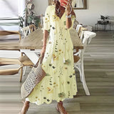 UAKISS  -  Boho Loosen V Neck Tassel Long Dress 2024 Spring Floral Print Pleated Party Maxi Dress Women Embroidery Lace Sleeve Summer Dress