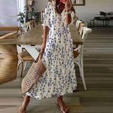 UAKISS  -  Boho Loosen V Neck Tassel Long Dress 2024 Spring Floral Print Pleated Party Maxi Dress Women Embroidery Lace Sleeve Summer Dress