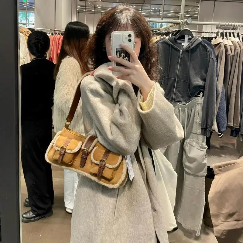 UAKISS  -  Retro Lamb Patchwork Brown Shoulder Bag Women Vintage Pocket Chic Y2k Handbag Female Hot Girls Casual Underarm Bag 2025