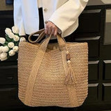 UAKISS  - 2024 Summer Woven Shoulder Bag Forest Casual Peach Wood Tassel Woven Bag Fashion Beach Large Capacity Grass Woven Handbag