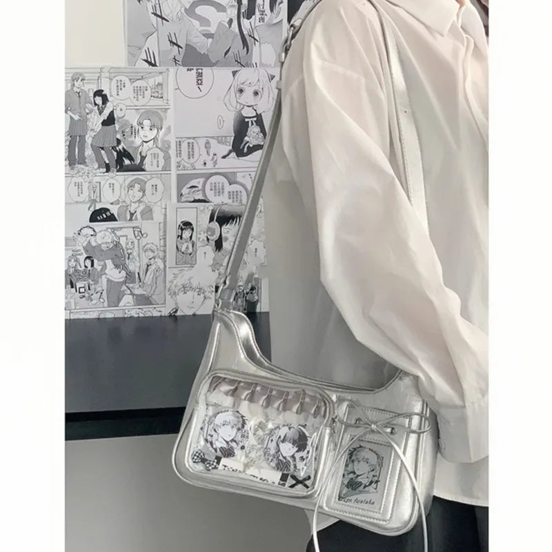 Uakiss Transparent Y2k Harajuku Ita Handbags Bows Japanese Shoulder Bags PU Leather Lolita Jk Pain Bags Korean Crossbody Bag Girls Gift